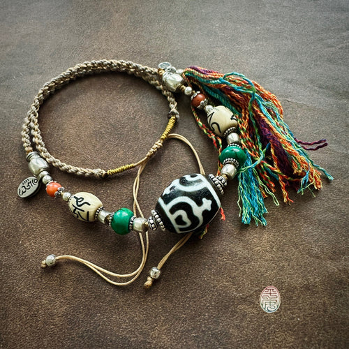 Large Tibetan Daluo Dzi bead with Handmade Cord Necklace