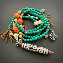 Genuine Turquoise Tibetan Mala Necklace with Vintage 9-Eye dZi