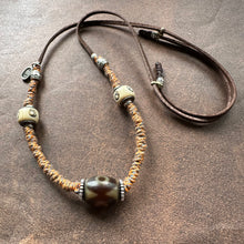 Vintage Tibetan 3-Eye Dzi bead on Handmade Leather Cord Necklace