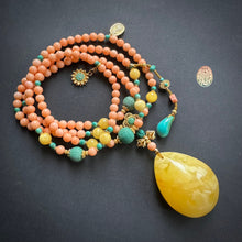 Genuine Salmon Coral Mala Necklace with Amber Pendant