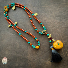 Fine Nanhong Agate and Turquoise Mala Necklace with Amber Pendant