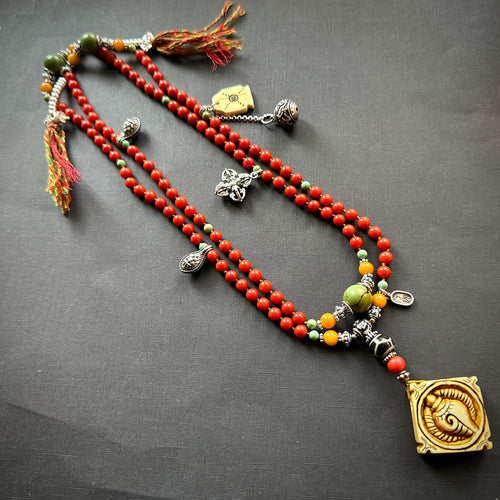 Genuine Antique Red Coral and Old Tibetan Pendant Mala Necklace