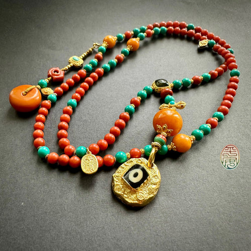Fine NanHong Agate and Turquoise Mala Necklace with dZi Silver Pendant