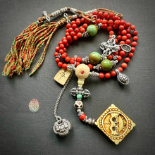 Genuine Antique Red Coral and Old Tibetan Pendant Mala Necklace