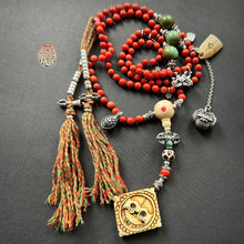 Genuine Antique Red Coral and Old Tibetan Pendant Mala Necklace