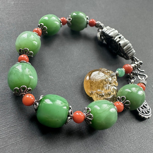 Fine Green Nephrite Jade with Solid Silver Charm Bracelet