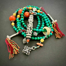 Genuine Turquoise Tibetan Mala Necklace with Vintage 9-Eye dZi