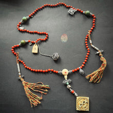 Genuine Antique Red Coral and Old Tibetan Pendant Mala Necklace
