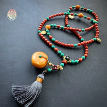 Fine Nanhong Agate and Turquoise Mala Necklace with Amber Pendant