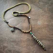 Four-Eye Tibetan Dzi bead on Waven  Cord Necklace