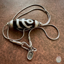 Fine Tibetan 2-Eyes Dzi Bead Amulet on Silver Chain Necklace