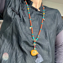 Fine Nanhong Agate and Turquoise Mala Necklace with Amber Pendant