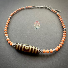 Antique Tibetan Salmon Red Coral Necklace with 3-Eye  dZi Bead