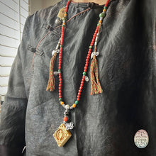 Genuine Antique Red Coral and Old Tibetan Pendant Mala Necklace