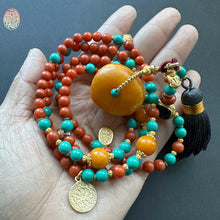 Fine Nanhong Agate and Turquoise Mala Necklace with Amber Pendant