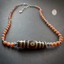 Antique Tibetan Salmon Red Coral Necklace with 3-Eye  dZi Bead