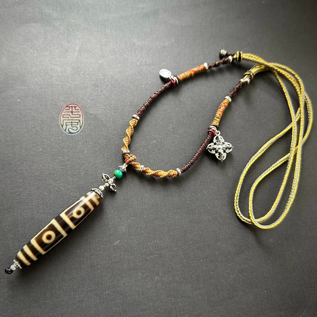 Four-Eye Tibetan Dzi bead on Waven  Cord Necklace