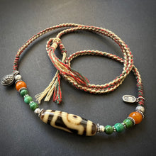 Vintage Tibetan 2-Eye dZi bead with Turquoise on Handmade Cord Necklace