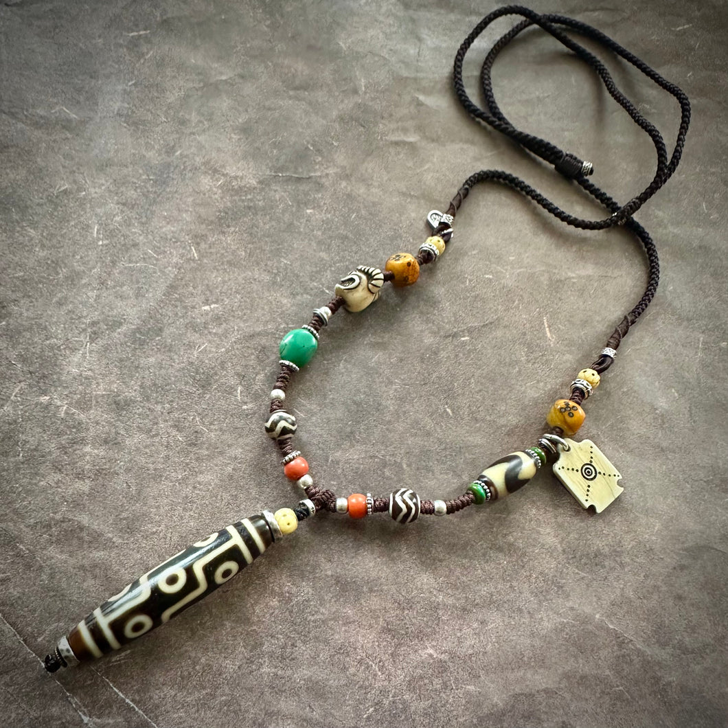 Vintage Nine-Eyes Dzi Bead Amulet Necklace