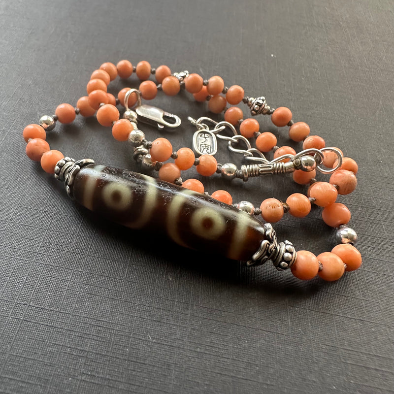 Antique Tibetan Salmon Red Coral Necklace with 3-Eye dZi Bead