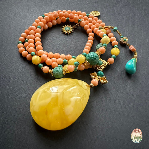 Genuine Salmon Coral Mala Necklace with Amber Pendant