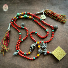 Genuine Antique Red Coral and Old Tibetan Pendant Mala Necklace