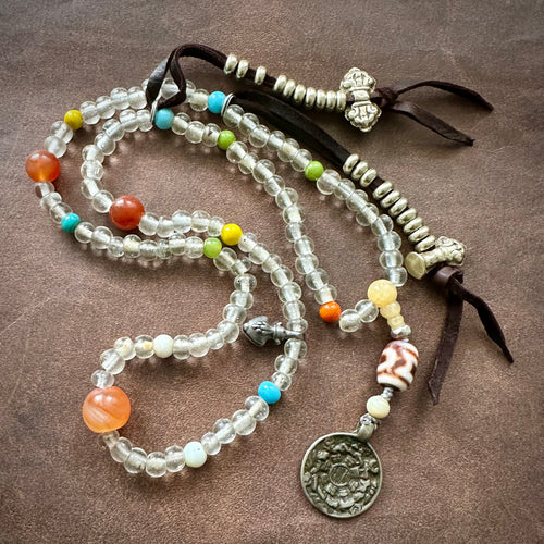 Genuine Antique Tibetan Glass Beads  Necklace with Astrological Pendant
