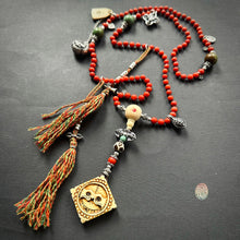 Genuine Antique Red Coral and Old Tibetan Pendant Mala Necklace