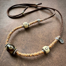 Vintage Tibetan 3-Eye Dzi bead on Handmade Leather Cord Necklace