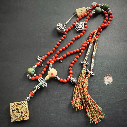 Genuine Antique Red Coral and Old Tibetan Pendant Mala Necklace