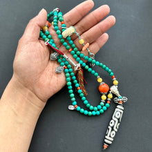 Genuine Turquoise Tibetan Mala Necklace with Vintage 9-Eye dZi