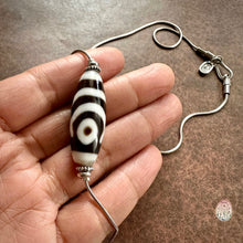 Fine Tibetan 2-Eyes Dzi Bead Amulet on Silver Chain Necklace