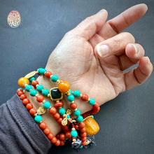 Fine Nanhong Agate and Turquoise Mala Necklace with Amber Pendant