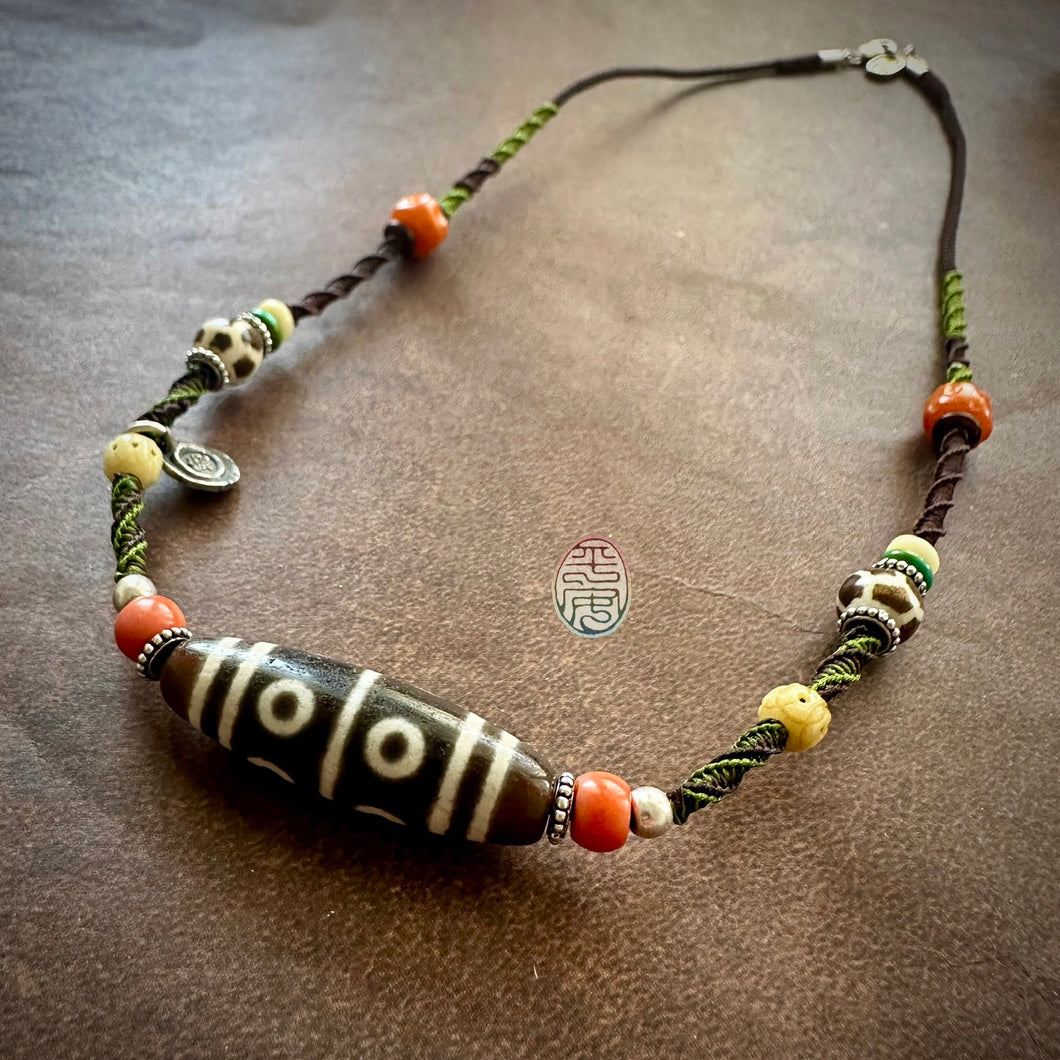 Eight-Eye Tibetan dZi Bead with Handmade Cord Necklace