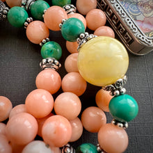Genuine Angelskin Coral and Hand-painted “Lotus Buddha” Thangka  Mala Necklace