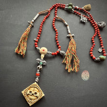 Genuine Antique Red Coral and Old Tibetan Pendant Mala Necklace