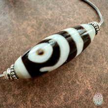 Fine Tibetan 2-Eyes Dzi Bead Amulet on Silver Chain Necklace