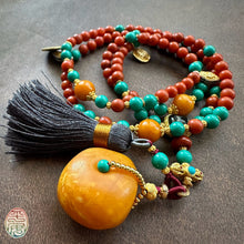 Fine Nanhong Agate and Turquoise Mala Necklace with Amber Pendant