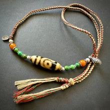 Vintage Tibetan 2-Eye dZi bead with Turquoise on Handmade Cord Necklace