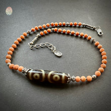 Antique Tibetan Salmon Red Coral Necklace with 3-Eye  dZi Bead