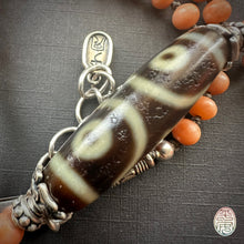 Antique Tibetan Salmon Red Coral Necklace with 3-Eye  dZi Bead