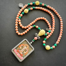 Genuine Angelskin Coral and Hand-painted “Lotus Buddha” Thangka  Mala Necklace