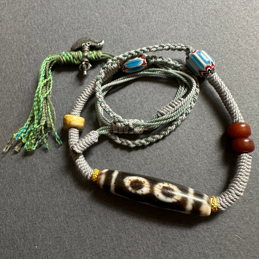 Old Tibetan Dzi bead with Handmade Cord Necklace