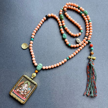 Genuine Angelskin Coral and Hand-painted “White Tara” Thangka  Mala Necklace