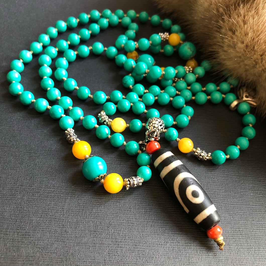 Vintage Chinese Turquoise and Old Dzi bead Mala Necklace