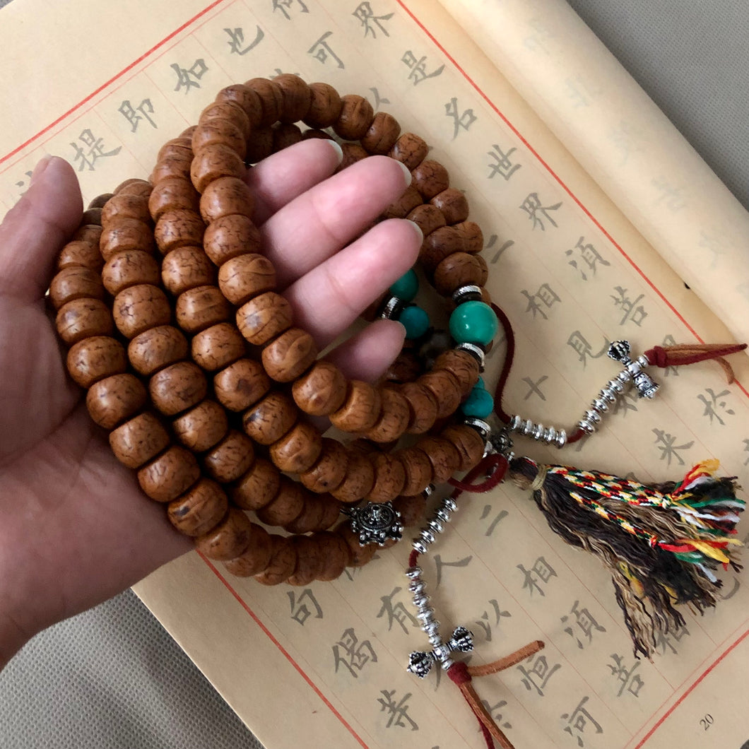 Bodhi Seeds Tibetan Mala with Old Dzi and Turquoise – Ping Amber Jewelry