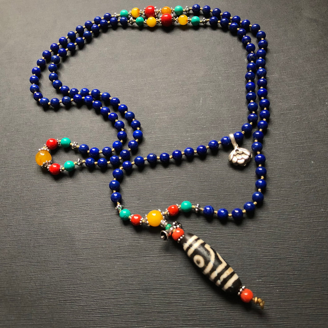 Lapis Lazuli and Old Dzi bead Tibetan Mala Necklace