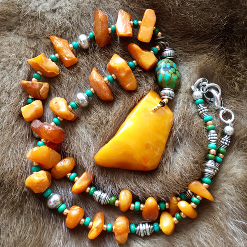 Antique Baltic Amber and Tibetan turquoise necklace