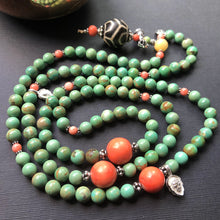 Genuine Antique Tibetan Turquoise, Coral and Dzi bead Mala Necklace
