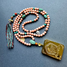 Genuine Angelskin Coral and Hand-painted “White Tara” Thangka  Mala Necklace